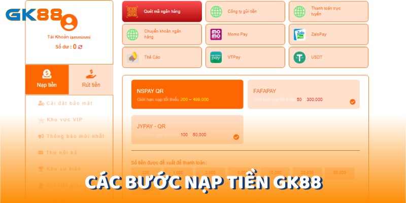 Các bước nạp tiền gk88 đơn giản nhất